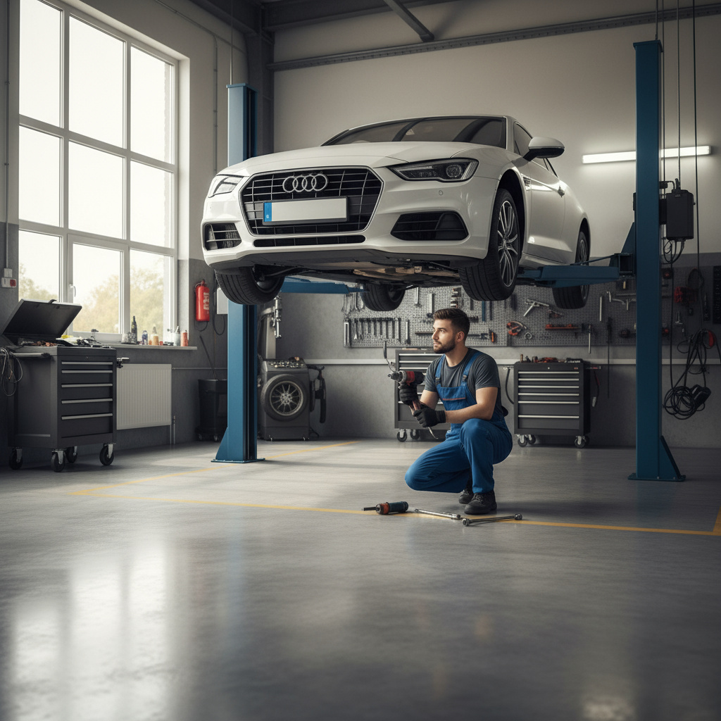 Modern auto repair workshop with a car on a lift