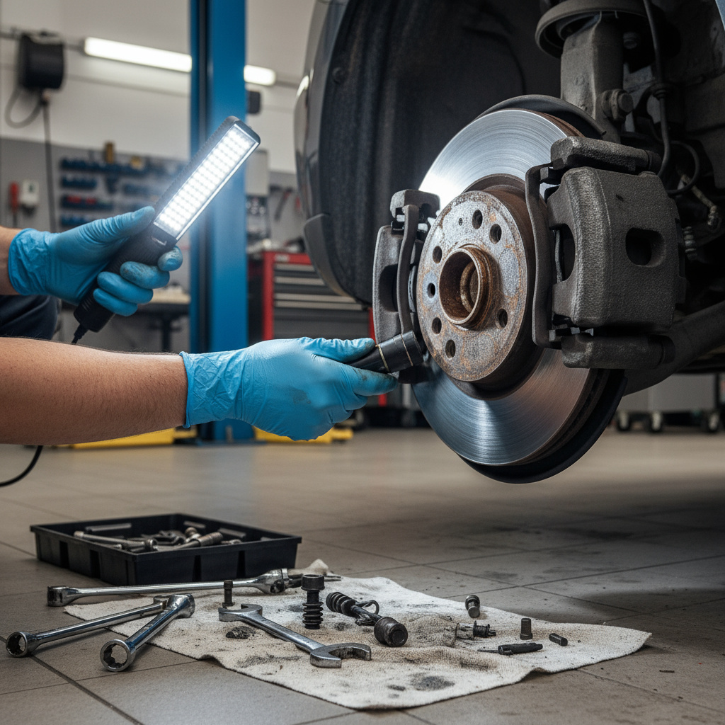 Brake disc and caliper being inspected