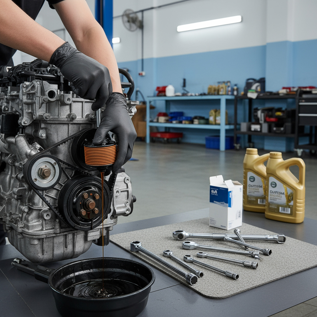 Mechanic performing an engine oil change